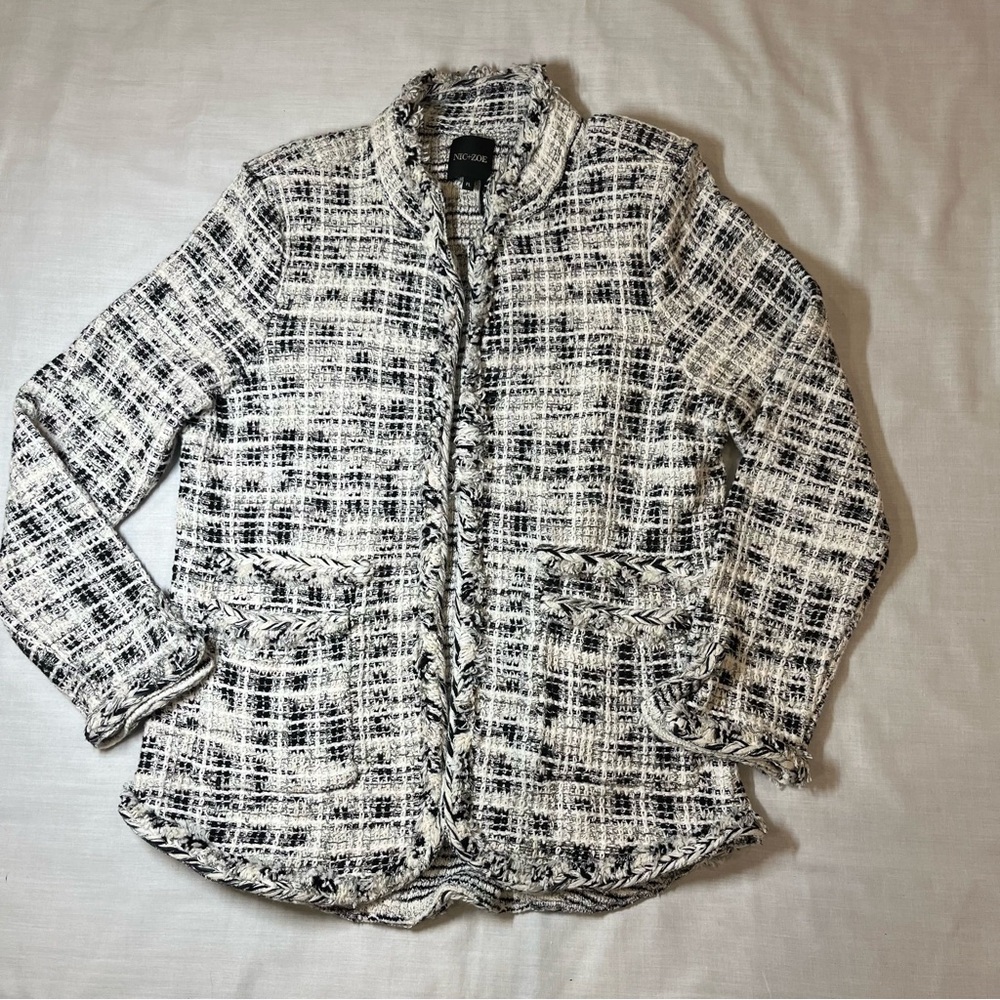 Nic+Zoe Mix Fringe Black and White Tweed Jacket Size PL